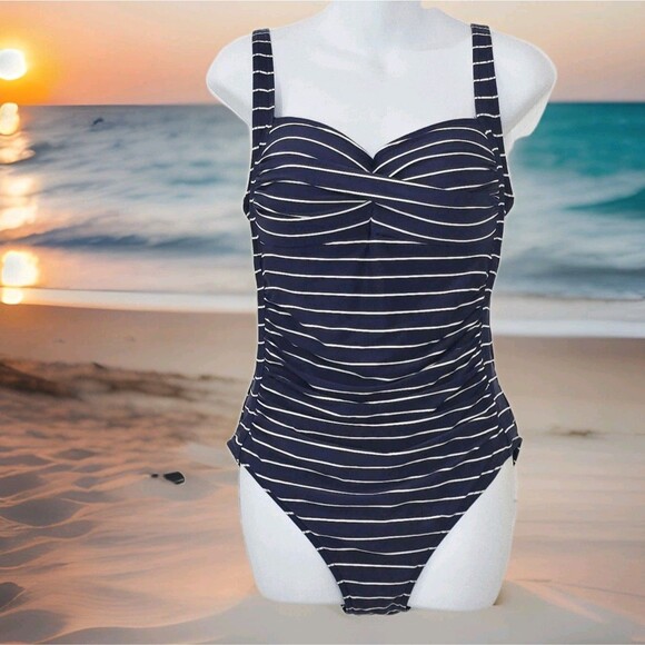 Bond-eye Other - Bond-Eye Australia Ruched Slimming One Piece Swimsuit Womens 10 Navy Blue Stripe